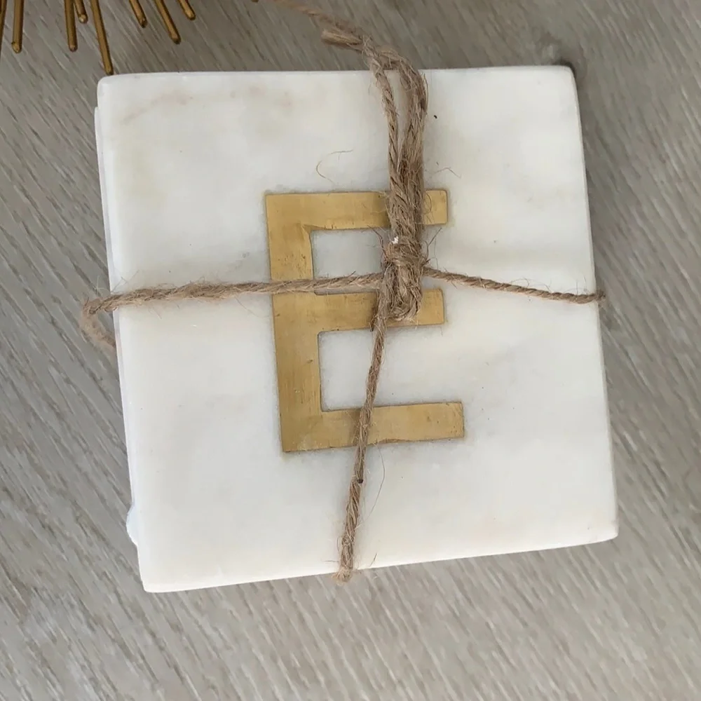 Set of‎ 4 Marble Drink Coasters monogram gold new